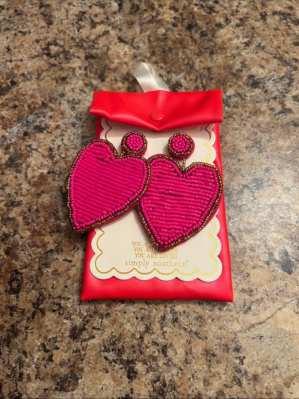 Simply Southern Bright Pink Beaded Heart Drop Earrings with Gold Trim